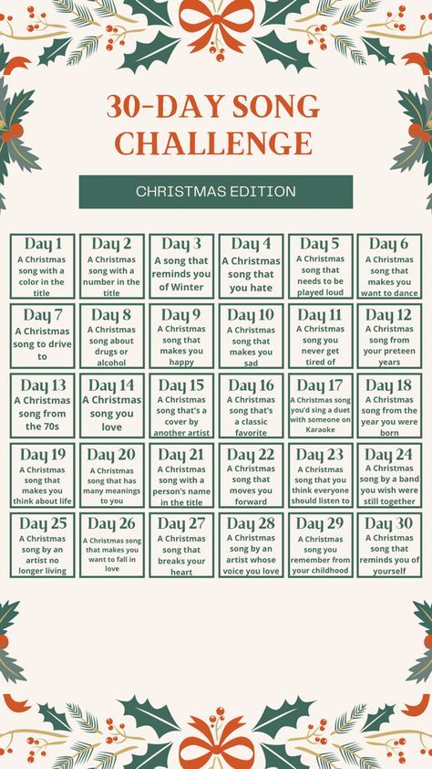 Christmas Private Story Names, Christmas Song Challenge, 30 Days Of Christmas Activities, Christmas Challenge 30 Day, 2023 Checklist Instagram Story, Christmas Challenge Games, Christmas Song List, Songs For Christmas, Christmas Songs List