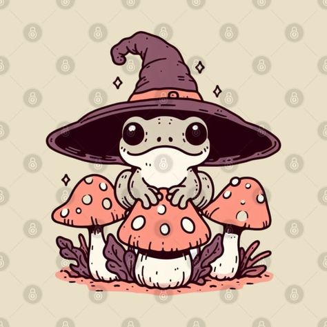 Frog Tattoo Design Cute, Frog Embroidery Designs, Magic Frog Tattoo, Witchy Frog Tattoo, Frog With Mushroom Hat Drawing, Mushroom Frog Drawing, Frog And Mushroom Drawing, Frog Mushroom Drawing, Frog Wizard Tattoo