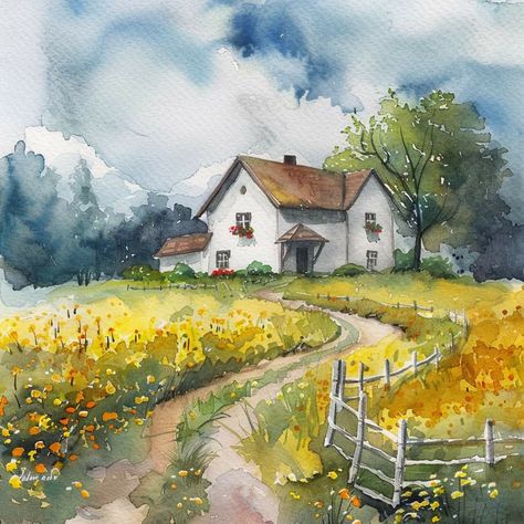 Watercolor Painting Ideas Easy, Printable Painting Templates, Painting Ideas Tutorials, Watercolor Templates, Watercolor Landscape Tutorial, Watercolor Painting Ideas, Master Watercolor, Watercolor Painting For Beginners, Countryside Art