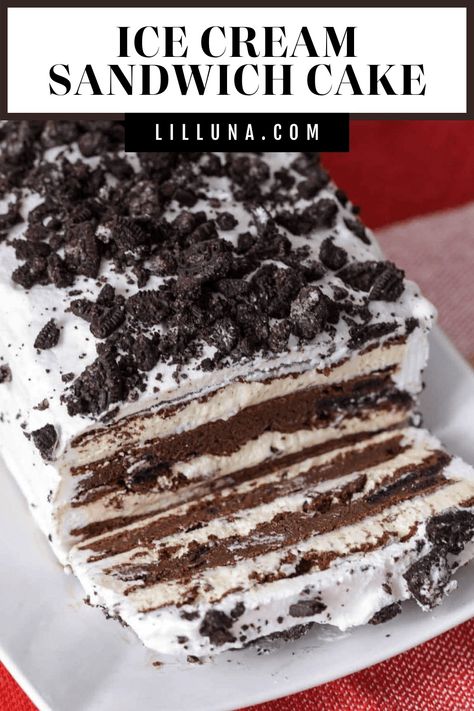 Oreo studded Ice Cream Sandwich Cake is cool, creamy and refreshingly delicious. It is perfect for hot summer days!! #icecreamsandwichcake #icecreamsandwich #icecreamcake #cake #chocolateicecreamsandwiches Sandwich Cake Recipe, Ice Cream Sandwich Cake Recipe, Oreo Ice Cream Sandwich, Make Ice Cream Cake, Easy Ice Cream Sandwiches, Cream Sandwich Cake, Oreo Ice Cream Cake, Fudge Ice Cream, Ice Cream Sandwiches Recipe