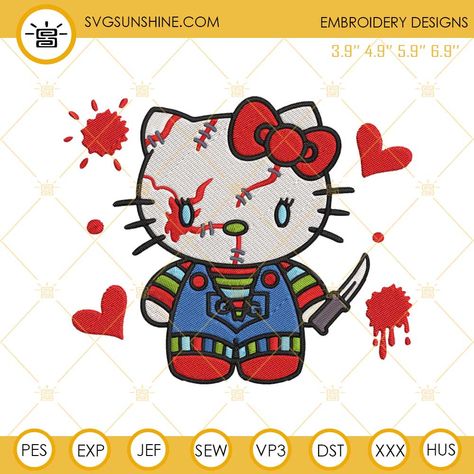 4.99Chucky Hello Kitty Halloween Embroidery Design Files Pumpkin Painting Ideas Hello Kitty, Hello Kitty Pumpkin Painting, Hello Kitty Vampire, Chucky Hello Kitty, Hello Kitty Spooky, Hello Kitty Chucky, Navidad Nails, Tatuaje Hello Kitty, Tiffany Birthday Party