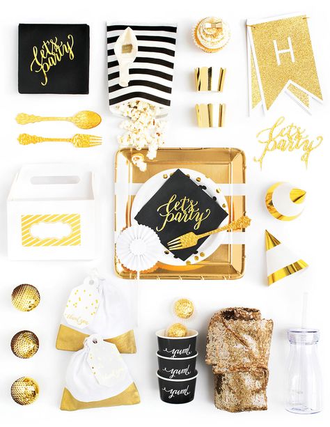 Crated: Stylish Parties, the Easy Way! | Pizzazzerie Black White Gold Party, Hamilton Party, Birthday Party Box, Birthday Boxes, Movie Wedding, New Year's Party Decorations, Party Boxes, Black Gold Jewelry, Modern Party