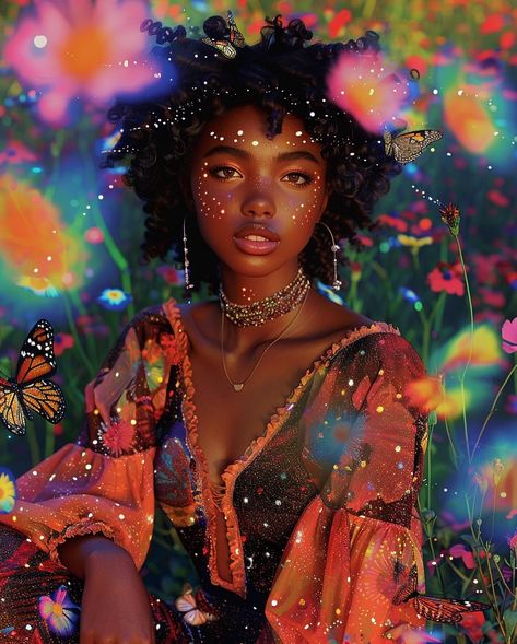 🦋 Happy Friday beautiful babes. 😙🥰😍 Neo Psychedelia, Woman With Butterflies, Black Spirituality, Goddess Photoshoot, Bohemian People, Drawing Models, Satisfying Pictures, Enchanted Fairies, Brown Skin Makeup