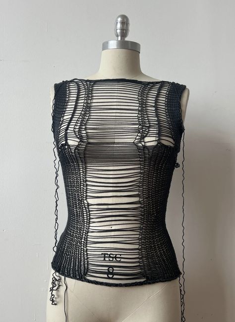 by @/spicieambie on ig Crochet Ribcage, Distress Crochet, Knitted Top Outfit, Knit Corset, Distressed Top, Knit Structure, Dress Up Outfits, Knit Fashion, Fashion Fabric