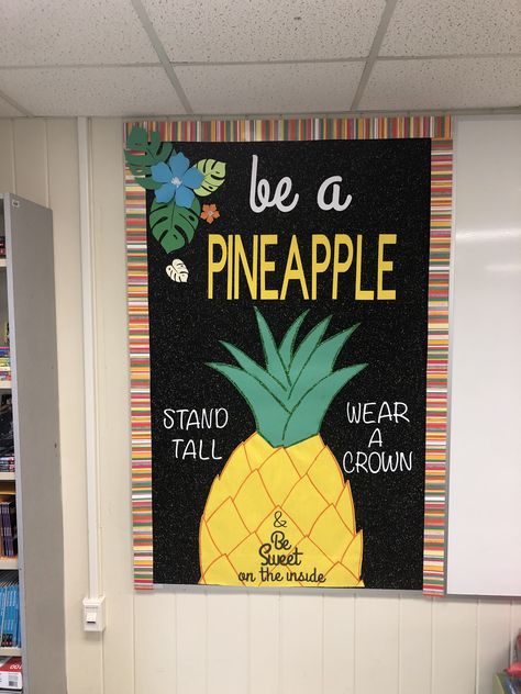 Pineapple Theme Classroom Decor, Tropical Back To School Bulletin Board, Fruits Bulletin Board Ideas, Pineapple Door Decoration, Tropical Theme Bulletin Board, Tropical Classroom Door Decor, Aloha Bulletin Board Ideas, Inspirational Bulletin Boards For School Hallways, Fruit Bulletin Board Ideas