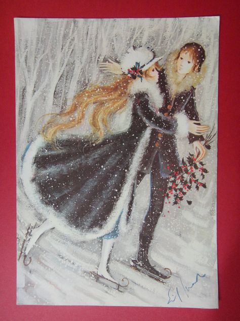 ice skate Couple Ice Skating, Victorian Winter, Couple Christmas Card, Skating Pictures, Vintage Skater, Vintage Ice Skating, Vintage Xmas, Paper Stuff, Retro Holiday