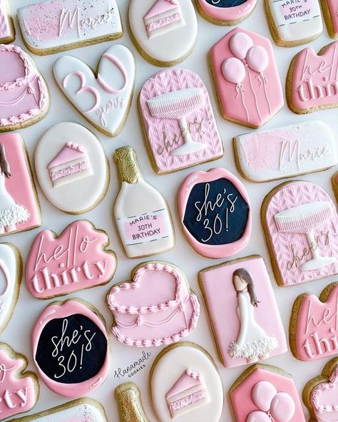 Champagne Shaped Cookies, Pink Royal Icing Cookies, 30th Birthday Decorated Cookies, Pink Birthday Cookies Decorated, 30 Birthday Cookies, Pink Birthday Cookies, 30th Birthday Cookies, Pink 30th Birthday, Champagne Cookies