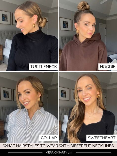 What Hairstyles to Wear With Different Necklines - Merrick's Art Hairstyles For Mock Neck Dresses, Turtleneck Hairstyle Long Hair, Hairstyles For Collared Shirts, Hair Styles For Turtle Neck Top, Hairstyles With Turtlenecks, Neckline Necklace Guide, Audra Style, Bridal Suits Punjabi, European Chic