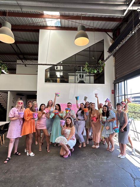 Pastel Hens Party Outfit, Bachelorette Party Pastel Colors, Hendo Outfit Ideas, Pastel Hen Party, Bachelorette Party Outfit Pastel, Bachelorette Pastel Outfits, Bachelorette Bridesmaid Outfits, Pastel Group Outfits, Pastel Bachelorette Party Outfits