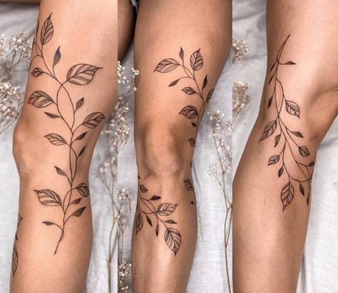 Line art leaves tattoo on the leg Womens Tattoo Leg Sleeve, Asthetic Tattoos Leg, Line Art Leaves Tattoo, Line Tattoos For Women Leg, Leaves Sleeve Tattoos For Women, Leaf Tattoo Leg Sleeve, Leaves Leg Tattoos Women, Front Of The Leg Tattoo, Leaves Around Leg Tattoo