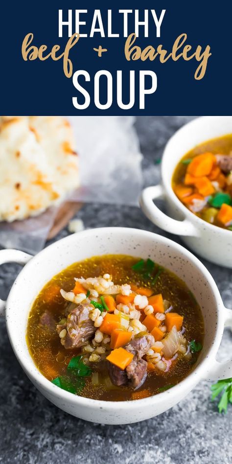 Cozy up with a bowl of healthier beef barley soup. Packed full of flavor and so hearty! Under 200 calories per bowl. #sweetpeasandsaffron #soup #beef  via @sweetpeasaffron Mealprep Freezer, Beef And Barley Soup, Beef And Barley, Soup Beef, Saffron Recipes, Cheesy Potato Soup, Freezer Recipes, Beef Barley, Beef Barley Soup