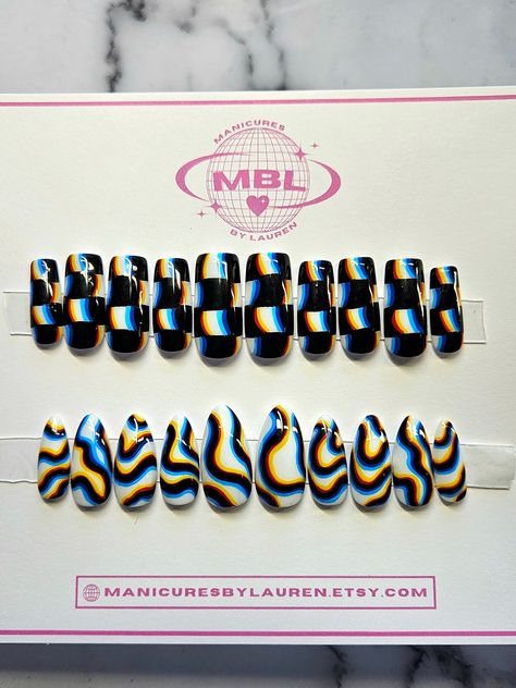 This press on nail bundle includes two sets, both with an optical illusion design.  The first set features the classic optical illusion/glitched checkered board design.  The second set features a white background with an optical illusion/ gitched swirl pattern.  Includes 10 hand painted, press on nails and a nail prep kit (2 tubes of nail glue, cuticle pusher, nail file and mini buffer  Optical Illusion Checkered set pictured in 'medium square' Optical Illusion Swirl set pictured in 'medium  For help with sizing, please refer to the sizing guide. Hand Painted Press On Nails, Checker Board Nails Design, Glitch Nails, Nail Manifestation, Checkered Board, Illusion Design, Nail Prep, Nail Patterns, Cuticle Pusher