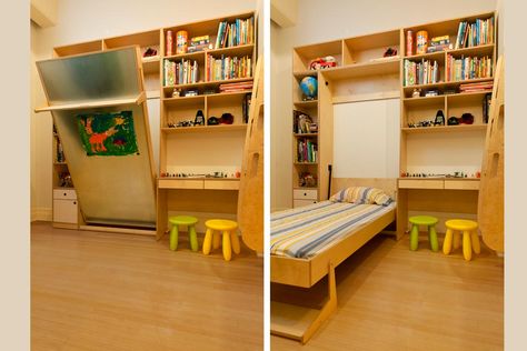 8 Cool Kids Rooms Your Children Won't Mind Sharing Murphy Bed In Nursery, Bed In Nursery, Murphy Bed Ideas, Ikea Apartments, Horizontal Murphy Bed, Murphy Bed Ikea, Kids Shared Bedroom, Modern Murphy Beds, Cool Kids Rooms