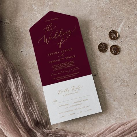 Delicate Gold Calligraphy | Burgundy Wedding All In One Invitation Yellow Typography, Folded Invitation, Romantic Minimalist, Abstract Wedding, Popular Wedding Invitations, Wedding Minimalist, Postcard Wedding Invitation, Yellow Autumn, Budget Wedding Invitations