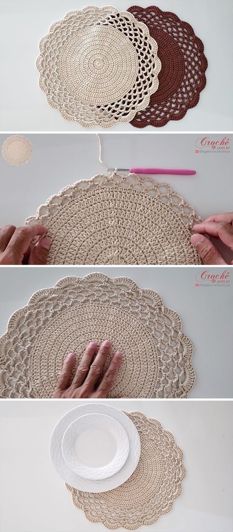 Learn To Crochet Coasters - Crochet & Knit by Beja - Free Patterns, Videos + How To Coasters Crochet, Crochet Placemat Patterns, Crochet Placemats, Crochet Coaster Pattern, Crochet Coaster, Placemats Patterns, Crochet Home Decor, Crochet Doily, Doily Patterns