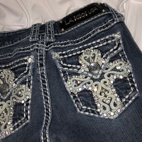 Buy In Bundles & Price Will Drop. Great Condition. Never Worn, Just Tried On. Bootcut Jeans Inseem 32in Rhinestone Jean Pockets, Y2k Rhinestone Jeans, Blinged Jeans, Gem Jeans, Y2k Shopping, Baddie Jeans, Bejeweled Jeans, Jeans With Cross, Sparkly Jeans