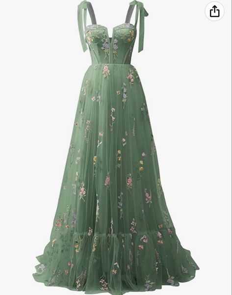 Cottage Core Prom Dress Green, Sage Green Prom Dress Aesthetic, Long Green Dresses, Prom Dresses Flowers, Hippie Prom Dress, Green Floral Gown, Ethereal Prom Dress, Vintage Style Prom Dresses, Sage Green Prom Dress