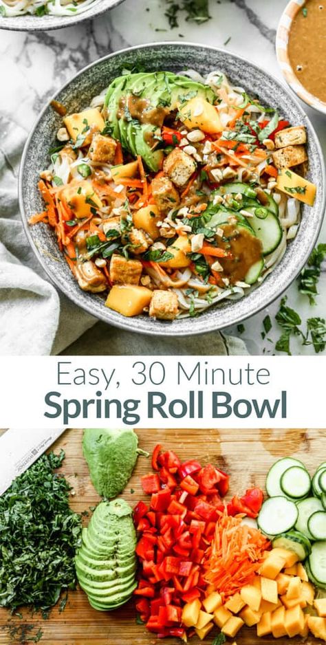 Spring Bowl Recipe, Thai Spring Roll Salad, Spring Roll Dinner Ideas, Chicken Spring Roll Salad, Spring Roll Lunch Ideas, Spring Roll Vermicelli Bowl, Spring Rolls Salad, Spring Roll Salad With Spicy Ginger, Spring Roll Soup