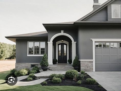 Grey Stucco House Exterior White Trim, Gray And White House Exterior, Grey Stucco House Exterior, Dark Grey House Exterior, Gray Stucco Exterior, Grey House White Trim, Stucco Exterior Colors, Stucco Houses, White Stucco House