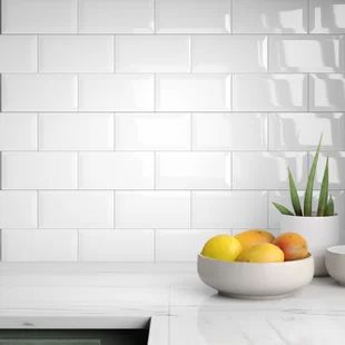 Annika 6" x 10" Porcelain Field Tile | AllModern Beveled White Subway Tile Backsplash, Glossy Subway Tile Backsplash, Subway Backsplash Kitchen, Kitchen Tiles Ideas Wall, White Subway Tiles Kitchen, Kitchen Tiles White, Kitchen Ceramic Wall, White Backsplash Kitchen, White Subway Tile Kitchen Backsplash