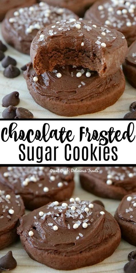 Chocolate Frosted Sugar Cookies are thick, soft and chewy, topped with chocolate frosting and candied sprinkles. Chocolate Chip Sugar Cookies, Chocolate Sugar Cookie Recipe, Chocolate Christmas Cookies, Frosted Sugar Cookies, Chocolate Chip Shortbread Cookies, Triple Chocolate Cookies, Toffee Cookies, Recipe Baking, Chocolate Sugar Cookies