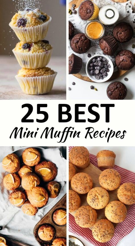 Mini muffin recipes pin. Mini Muffin Flavors, Mini Muffins For Brunch, Coffee Cake Mini Muffins, No Milk Muffins, Mini Muffin Breakfast Recipes, Mini Donut Muffins, Mini Breakfast Pastries, Best Mini Muffin Recipes, Air Fryer Mini Muffins