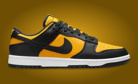 Nike is ready to launch the Dunk Low in a clean Black University Gold colorway. Find release info and images here. Nike Dunk Low Yellow, Low Dunks Outfit, Nike Dunks Low, Dunks Outfit, Yellow Nikes, Nike Sb Dunks, Roller Derby, Latest Sneakers, New Sneakers