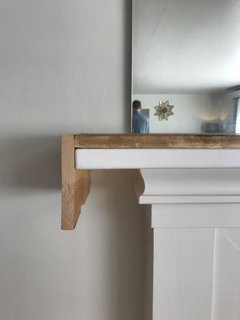 Fireplace Mantle Update Ideas, Wood Mantle White Fireplace, White Mantle With Wood Top, 90s Built In Makeover, Remove Fireplace Mantle, Fireplace Mantle Size, New Fireplace Mantle, Fireplace Mantle Wrap, Faux Fireplace Mantels Wood