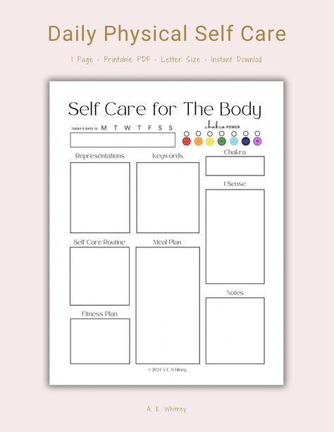 Printable Chakra Daily Physical Self Care Planner Worksheet - Payhip Journal Worksheets, Wishlist Printable, Moon Planner, Sun And Moon Tarot, Self Care Worksheets, Self Care Planner, Printable Planner Pages, Tarot Card Meanings, June 2024