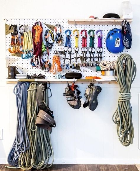 Climbing Gear Organization, Climbing Storage, Gear Room Organization, Gear Room Ideas, Outdoor Gear Organization, Outdoor Gear Storage, Gear Closet, Gear Wall, Gear Room