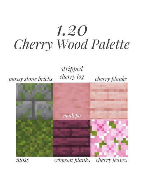 Crimson Builds Minecraft, Cherry Blossom Colour Palette Minecraft, Minecraft Wood Pallets, Cherry Blossom Block Pallet Minecraft, Oak Block Pallets Minecraft, Minecraft Pallete Blocks, Crimson Plank House Minecraft, Minecraft Wood Combos, Red Minecraft Palette