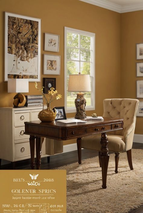 Transform your home into a warm and inviting sanctuary with Bee's Wax SW 7682: Golden Honey. Discover top paint trends for cozy spaces in 2024. #Ad #homedecor #homedesign #trendgirlApartment #Painthome #interiorarchitecture Wall Colors Green Room Colors
Bright Room office Colors
Apartment Renovation
Home office Remodeling
Modern Paint Colors
2024 Mustard Home Office, Behr Gold Paint Colors, Gold Wall Color Paint, Warm Office Colors, Mustard Paint Color Walls, Golden Wall Paint, Yellow Office Walls, Gold Paint Colors For Walls, Warm Paint Colors For Home