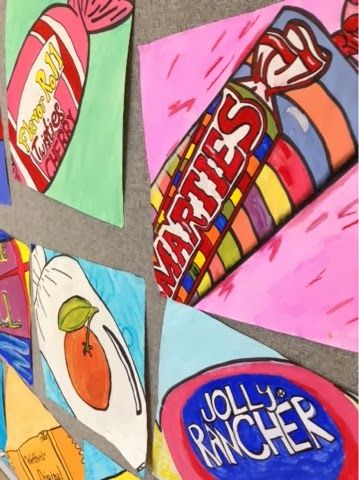 Pop Art! Candy Paintings I think this would be too hard for my kids but would look cool at Halloween or Valentines day One Day Art Lessons Middle School, Art Plastique Halloween, Pop Art Candy, Collaborative Artwork, Cousin Camp, Mood Bored, 7th Grade Art, High School Art Lessons, 8th Grade Art