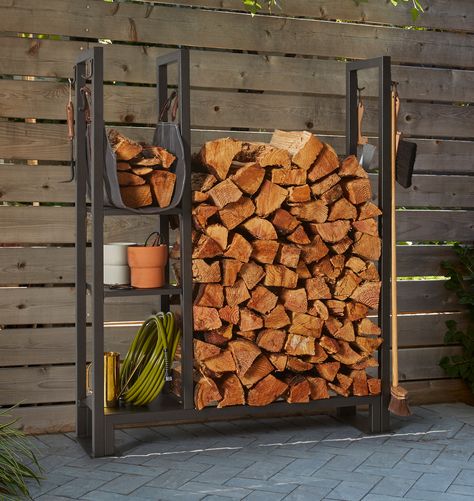 Indoor/Outdoor Tall Firewood Holder with Storage Rack | Rejuvenation Store Firewood, Canvas Log Carrier, Firewood Storage Indoor, Steele Canvas, Firewood Storage Outdoor, Pallet Furniture Ideas, Outdoor Firewood Rack, Log Carrier, Industrial Lighting Design