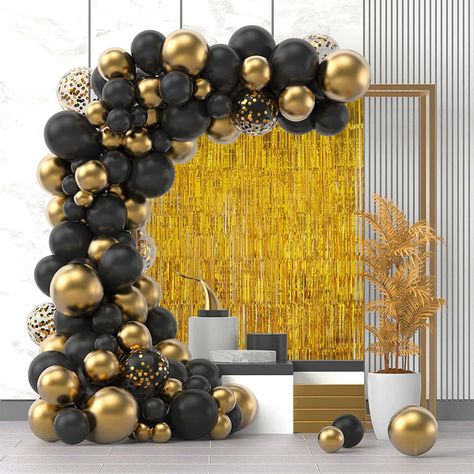 Golden And Black Balloon Decoration, Classy Balloon Arch, Black And Gold 50th Birthday Decor, Black And Gold Balloon Arch, Background For Christmas, Gold Balloon Arch, Black And Gold Party Decorations, Balloon Arch Decorations, Balloon Curtains