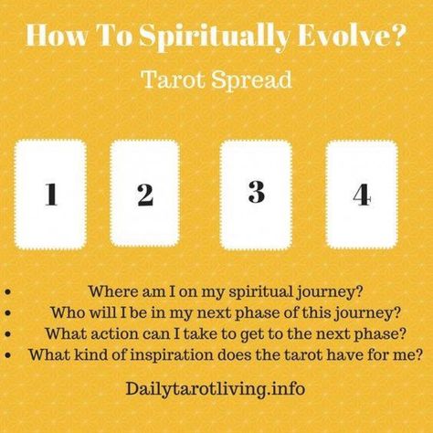 How to Spiritually Evolve?Tarot SpreadCard 1: Where am I on my Spiritual Journey?Card 2: Who will be in my next phase of this journeyCard 3: What action can I take to get to the next phase?Card 4: What kind of inspiration does the tarot have for me?I also used this spread (as I do with many others) using angel cards. Either way, be sure you ground and ask for divine guidance and protection before drawing your cards. Blessed be! Oracle Card Spreads, Tarot Reading Spreads, Tarot Interpretation, Learn Tarot, Tarot Cards For Beginners, Learning Tarot Cards, Tarot Guide, Tarot Card Spreads, Tarot Book