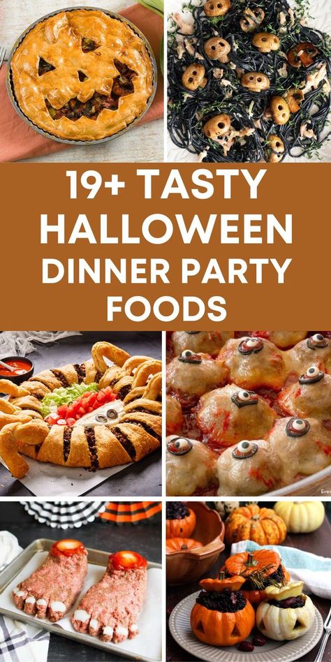 19 Halloween Dinner Party Foods Halloween Theme Food Party, Scary Halloween Dinner Ideas, Sliders For Halloween Party, Food To Serve At Halloween Party, Halloween Themed Foods For Party, Hallowed Party Food, Halloween Party Food Entrees, Halloween Dinner Party Menu Food Ideas, Witch Halloween Party Food