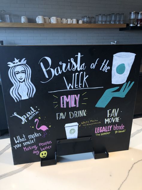 Barista of the week Barista Party Ideas, Barista Appreciation Ideas, Starbucks Barista Board Ideas, Starbucks Customer Connection, Starbucks Drink Of The Week Board, Barista Of The Month Board, Starbucks Ideas Design, Meet Your Barista Board, Starbucks Store Decorations