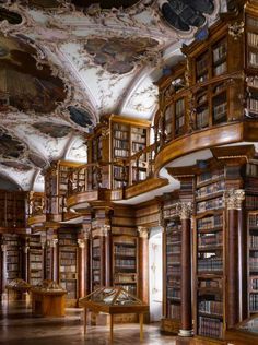 Abbey of St Gall Library, 1763. St Gallen, Switzerland. The library has many forms of decoration, including putti in niches above the cases, representing the mechanical disciplines and the fine arts.From "The Library: A World History" by Cambridge University architectural historian James Campbell and photographer Will Pryce. Photo: Will Pryce / This picture can only be used with prior permission and/or agreement of fees with Will Pryce. Quotes Reading, St Gallen Switzerland, Live Quotes, Asma Kat, St. Gallen, Old Libraries, Dream Library, Beautiful Library, Library Aesthetic