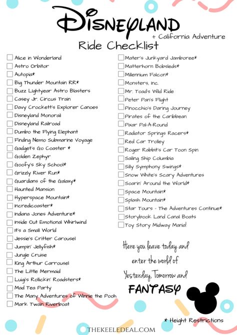 Disneyland Ride Checklist updated for 2019. This free printable list of rides at Disneyland and California adventure is perfect for your Disney Trip #Disney #Disneyland #California Disneyland Ride Checklist, Disneyland Balloons, Disneyland Fireworks, Disneyland Trip Planning, Disneyland Vacation Planning, Disney Parque, Disneyland Planning, Disneyland Rides, Disney Quiz