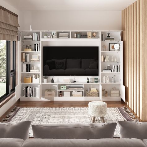 ☆Introducing our versatile Wall Unit TV Stand with Bookshelves, a perfect addition to your home entertainment setup. Tv Wall Mount With Shelves, Bookshelf Around Tv, Tv Stand With Bookshelves, Bookshelf Entertainment Center, Tv Bookcase, Wall Unit Tv, Entertainment Center Storage, Bookshelf Tv, Small Den