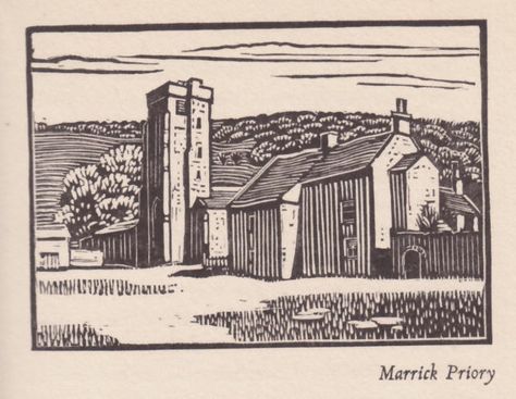 The Sylver Zone is pleased to offer:    Marrick Priory (Swaledale    A vintage wood engraving print circa 1934. Unmounted    Image size approx 3.75 by Snowy Neighborhood, Linoleum Print, Linoleum Block Printing, Linocut Printmaking, Lino Art, Linoleum Block, Linocut Art, Wood Block Printing, Wood Engraving