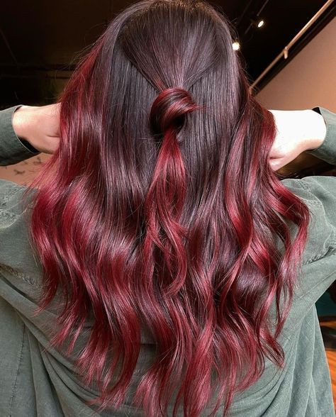 Red Burgandy Hair Balayage, Maroon Hair Balayage, Faded Out Red Hair, Burgundy Red Balayage, Red Hair Ombre Brown, Bright Red Balayage Hair Brunettes, Cherry Red Hair With Dark Roots, Maroon Balayage Brunettes, Brunette Hair With Red Balayage