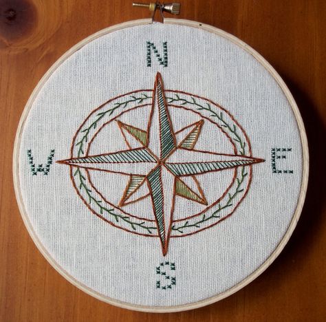 Compass Embroidery, Embroidered Wall Hanging, Boho Embroidery, Rose Wall Art, Compass Design, Blackwork Embroidery, Sashiko Embroidery, Handmade Embroidery Designs, Rose Wall