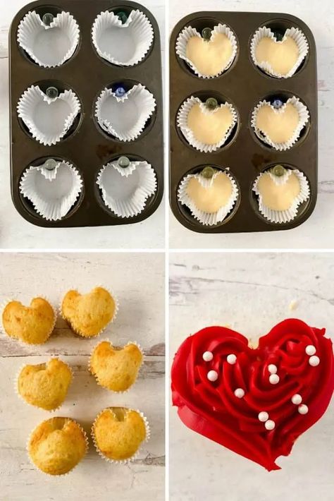 How To Make Heart Cupcakes, Valentines Dessert Ideas Cupcakes, Heart Cupcake Cake, Freeze Cupcakes, Valentine Cupcake Ideas, Heart Shaped Cupcakes, Valentines Cupcakes Decoration, Valentines Arrangements, Shaped Cupcakes