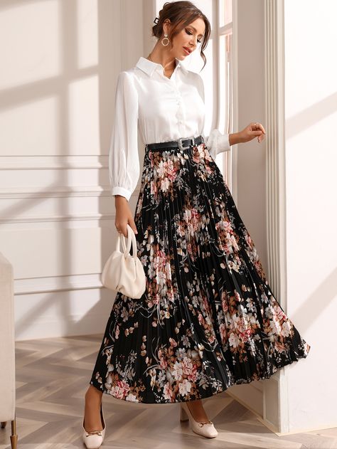 Black Boho   Cotton Floral Pleated Embellished Non-Stretch Spring/Summer/Fall Women Bottoms Black Top And Floral Skirt, Outfit With Floral Skirt, Floral Black Skirt Outfit, Black Floral Skirt Outfit, Floral Pleated Skirt Outfit, Long Floral Skirt Outfit, Printed Pleated Skirt Outfit, Summer Long Skirt Outfits, Printed Long Skirt Outfits