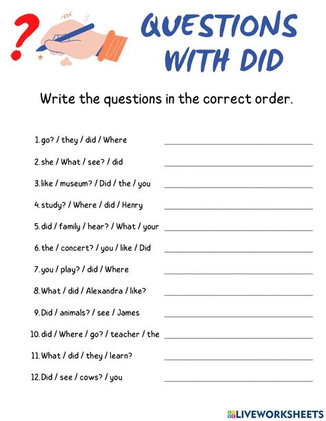 Past Simple Questions Worksheets, Wh Question Worksheet For Kids, Simple Past Worksheet, Wh Questions Exercises, Improving English, English Grammar Exercises, Past Questions, Kids Questions, English Grammar For Kids