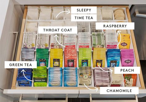 Khloe Kardashian Home Organization - Organized Drawers | Khloé Kardashian shared a photo of her tea drawer, and it's so organized we almost can't believe it. #refinery29 http://www.refinery29.com/2016/10/127413/khloe-kardashian-organized-tea-drawer Khloe Kardashian Home, Tea Drawer, Khloe Kardashian House, Khloe Kardashian Show, Kardashian Home, Tea Organization, Tea Station, Khloé Kardashian, Tea Storage