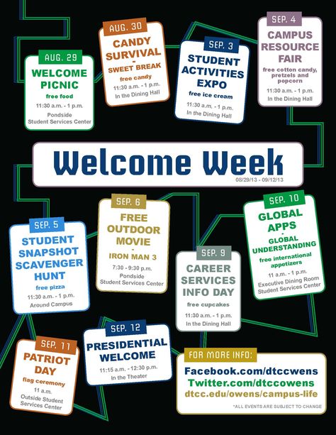 Welcome Week events are designed to help you become part of the campus and meet fellow students. Events To Do At School, Orientation Week Activities College, Campus Activities Board Events, Welcome Week College Events, College Students Images, Fun College Events, Student Council Activities, College Event Ideas, Activities Board