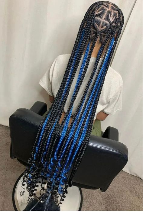 Blue Peekaboo Braids Blue Peekaboo Braids, Long Knotless Braids With Beads, Extra Long Knotless Braids, Lil Girl Hairstyles Braids, Blue And Black Braids, Long Knotless Braids, Blue Peekaboo, Peekaboo Braids, Blue Box Braids